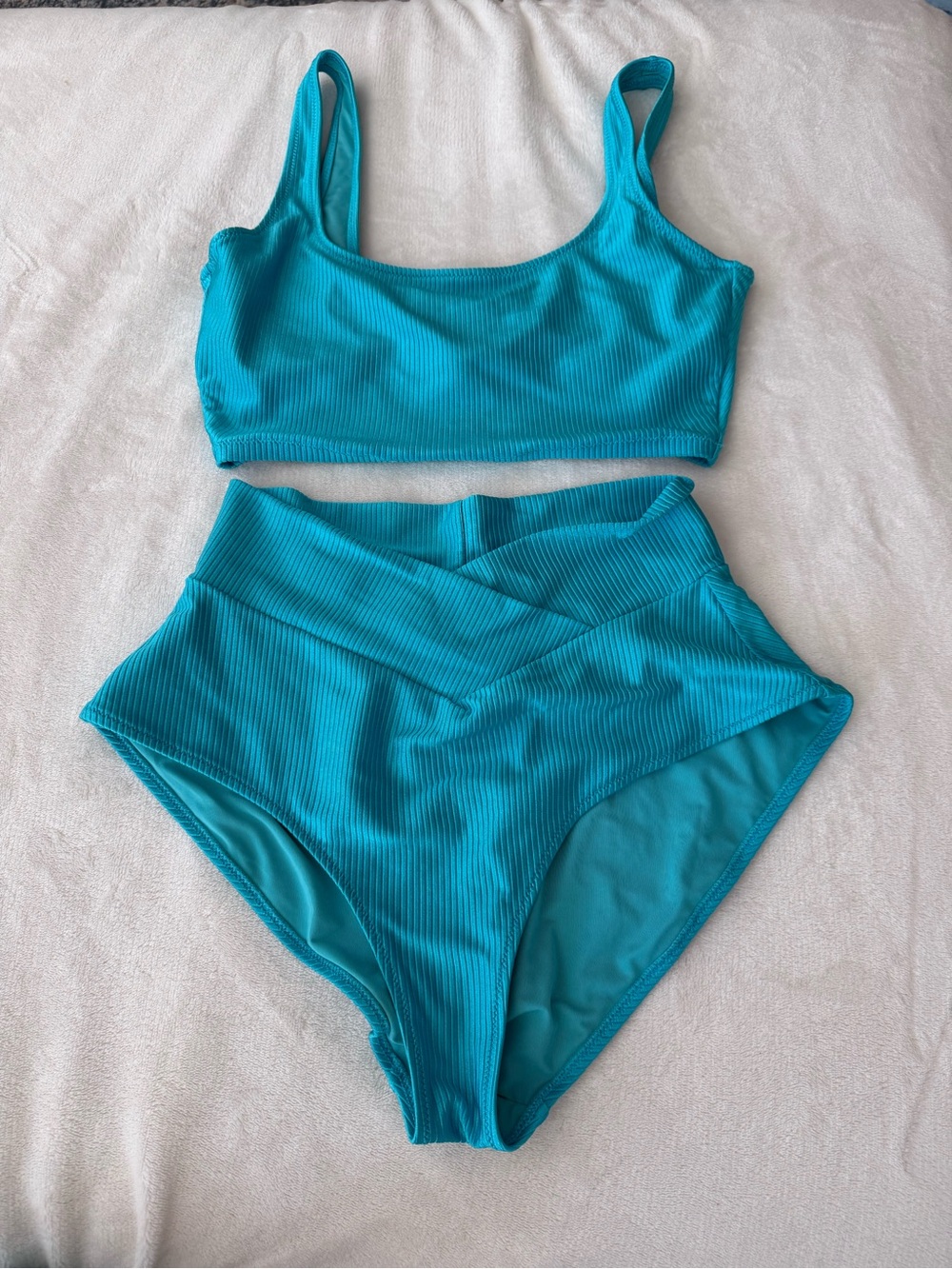 Aerie Shine Rib Crossover High Waisted Bikini Bottom Size Medium E25